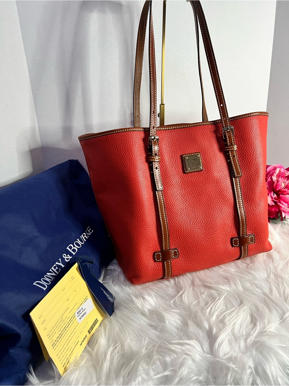 Dooney & Bourke Burnt Orange Pebbled Leather East/West Tote with Brown Trim